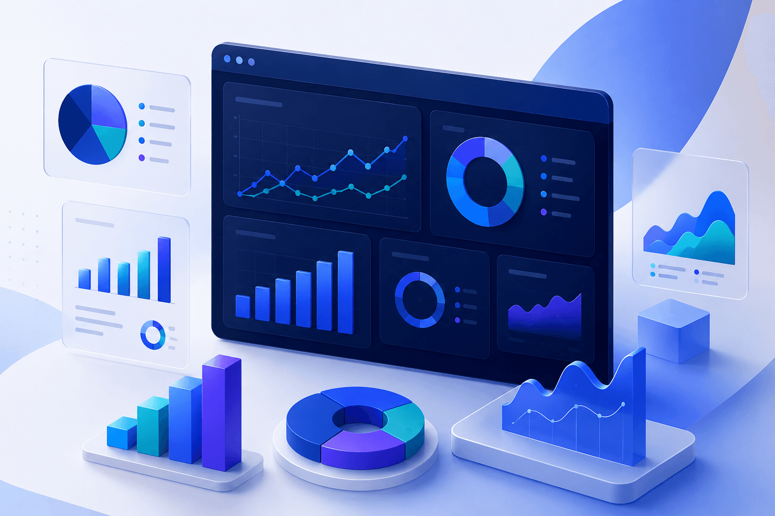 Analytics dashboards with 3D charts and data visualisations