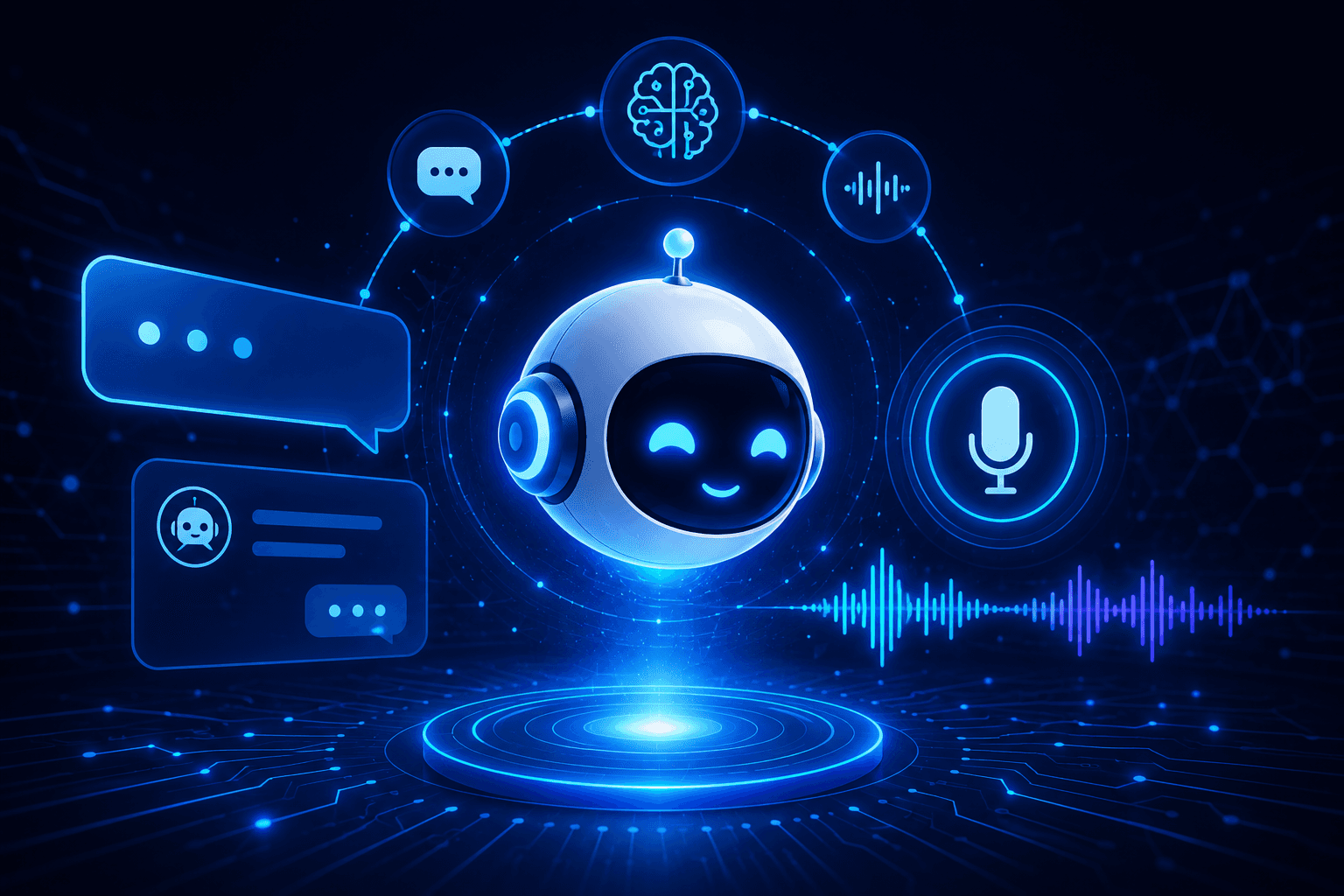 AI chatbot with glowing brain and microphone icons